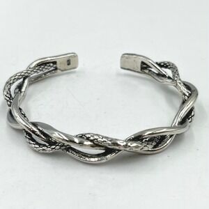 Vintage Silver Tone Twisted Rope Bangle - Braided Metal Cuff Bracelet Jewelry